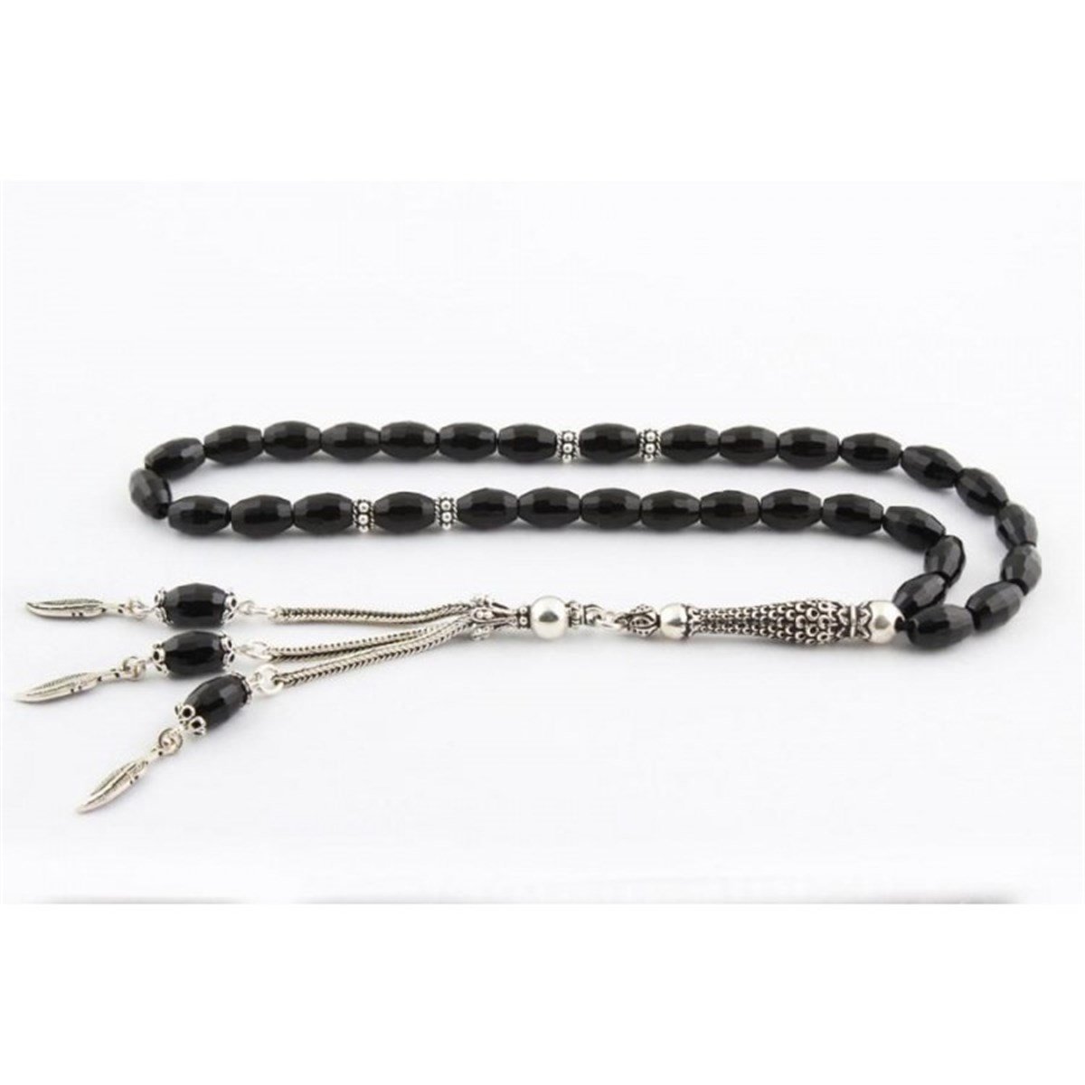 925 Ayar Gümüş Püsküllü Kristal Kesim Oniks Taşlı Tesbih