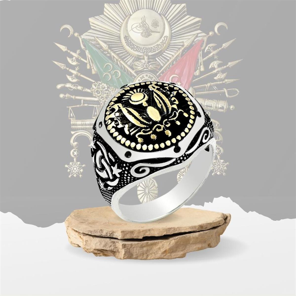 Altıgen Model Osmanlı Devlet Armalı Gümüş Erkek Yüzük