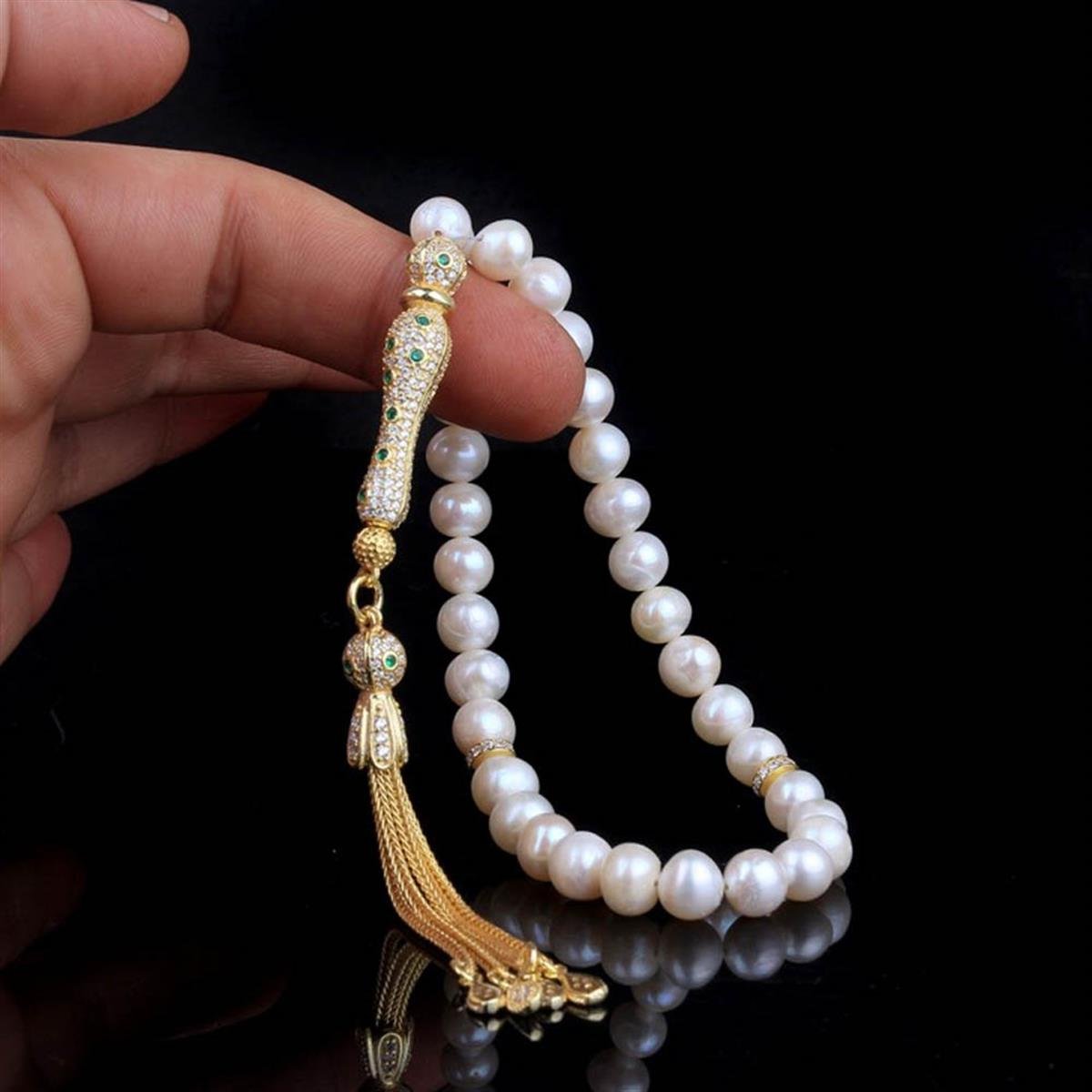 Altın Kaplama Mikro Taş Detaylı İnci Taşı Tesbih