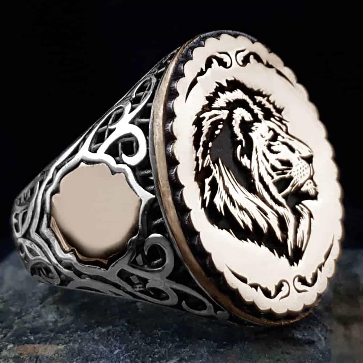 Aslan Kafası Motifli Kenar İşlemeli Gümüş Yüzük