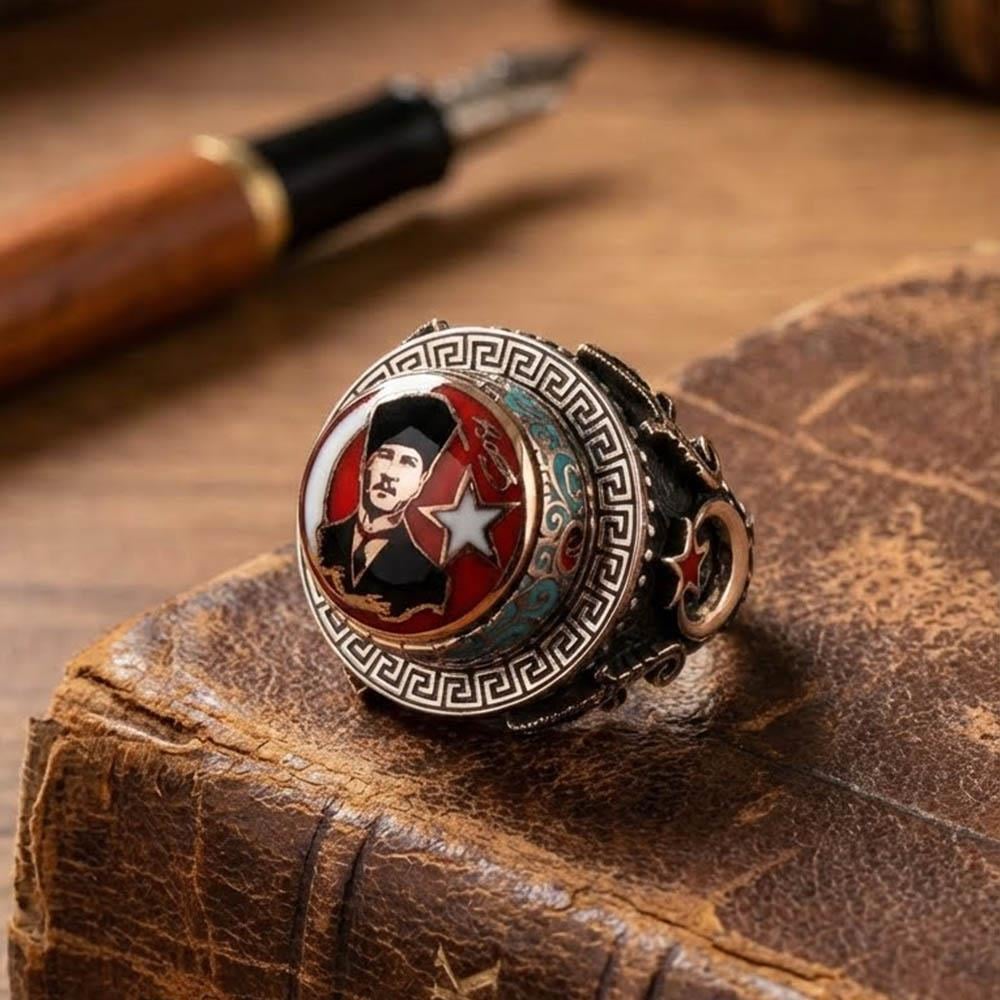 Atatürk Silüetli Kırmızı Mine Gümüş YüzükAtatürk Yüzükleri