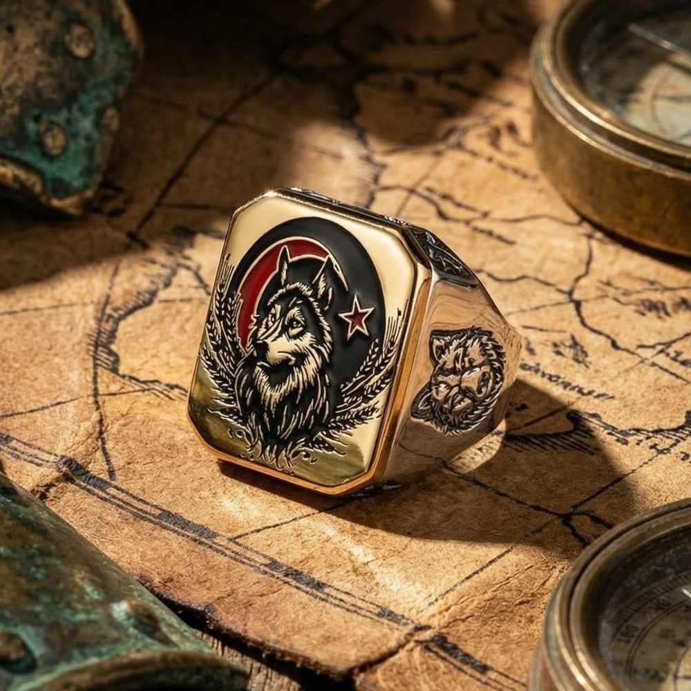 Ay Yıldız Bozkurt İşlemeli Gold Gümüş YüzükBozkurt Yüzükleri