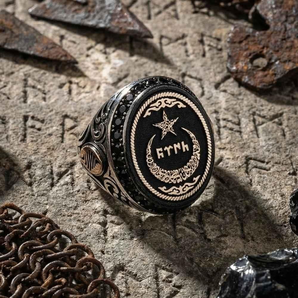 Ay Yıldız İçerisi Göktürkçe Türk İşlemeli Gümüş Erkek YüzükAy Yıldız Yüzükler