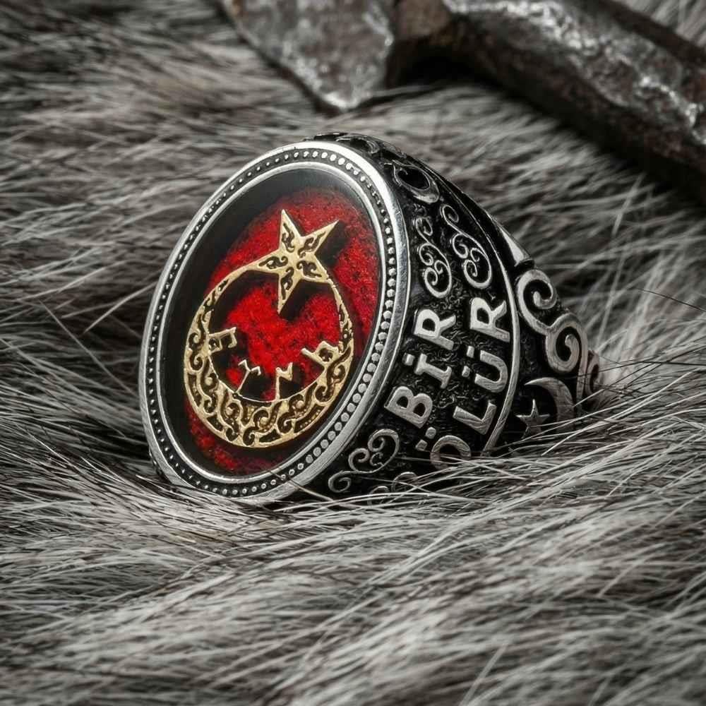Ay Yıldız İçerisi Göktürkçe Türk Yazılı Gümüş Erkek YüzükAy Yıldız Yüzükler