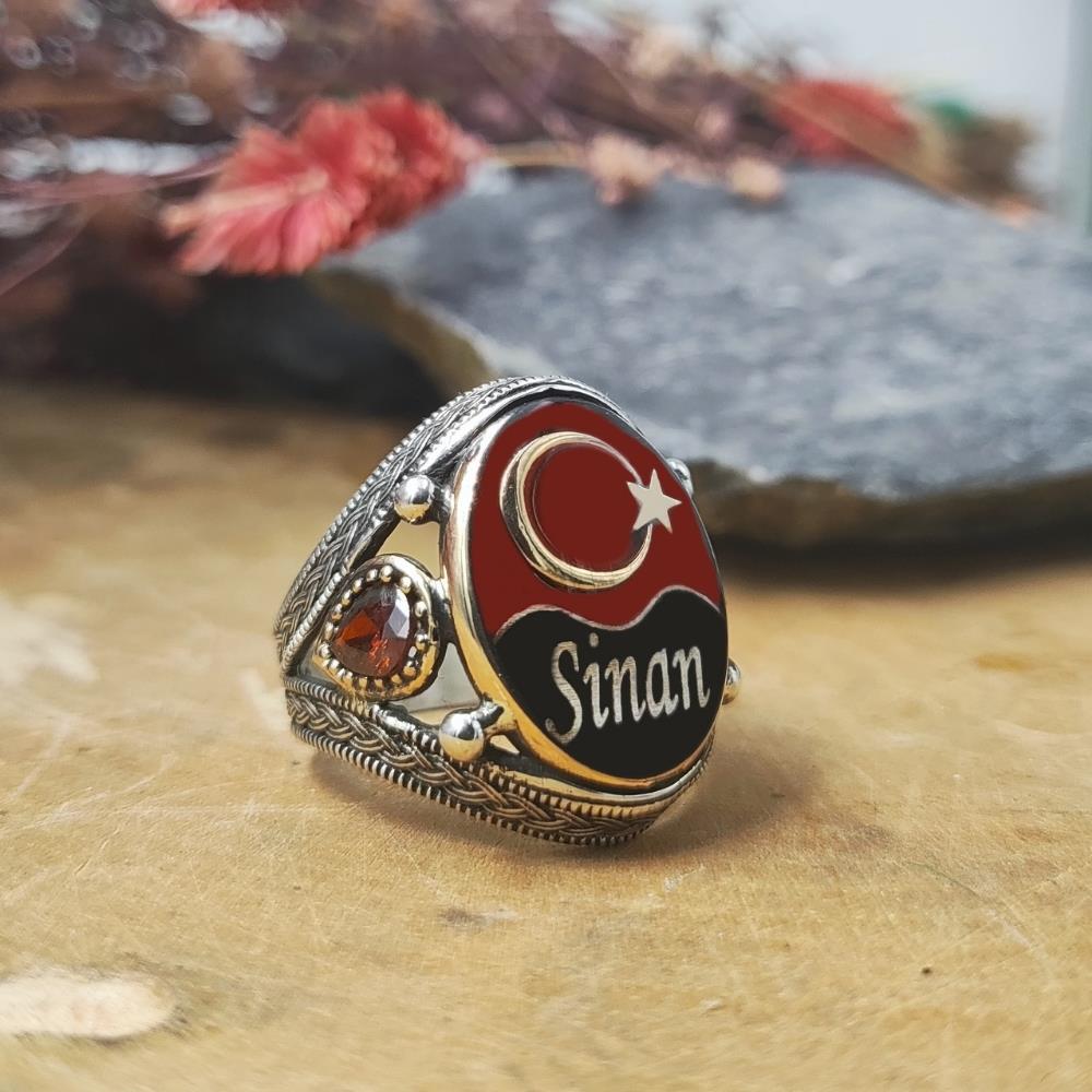 Ay Yıldız İşlemeli Kişiye Özel Gümüş Yüzükİsim Yazılı Yüzük