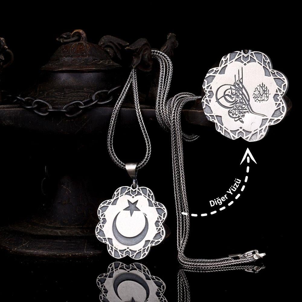Ay Yıldız Osmanlı Tuğrası İşlemeli Gümüş Kolye