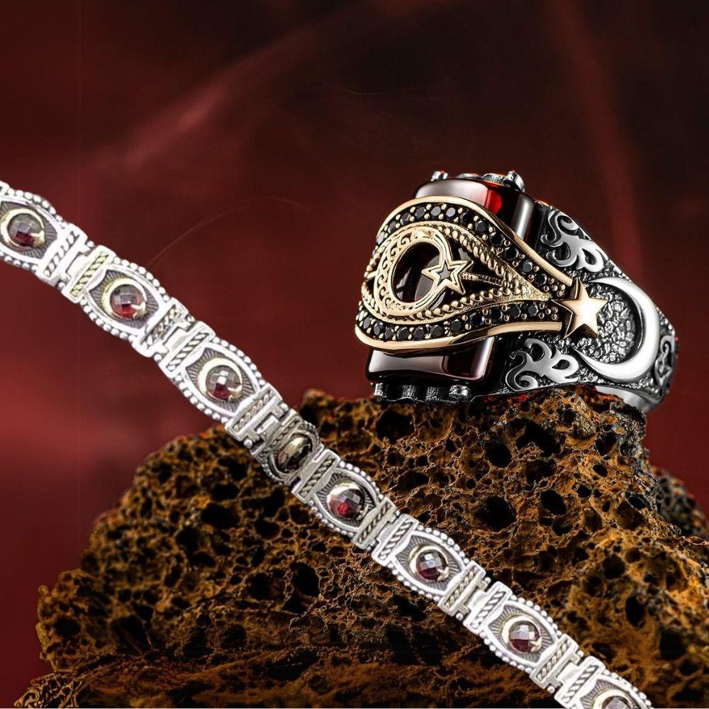 Ay Yıldız Taşlı Gümüş Yüzük & Bileklik Kombini