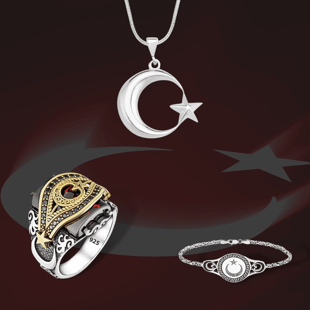 Ay Yıldız Yüzük, Kolye ve Bileklik Hediye Seti Gümüş