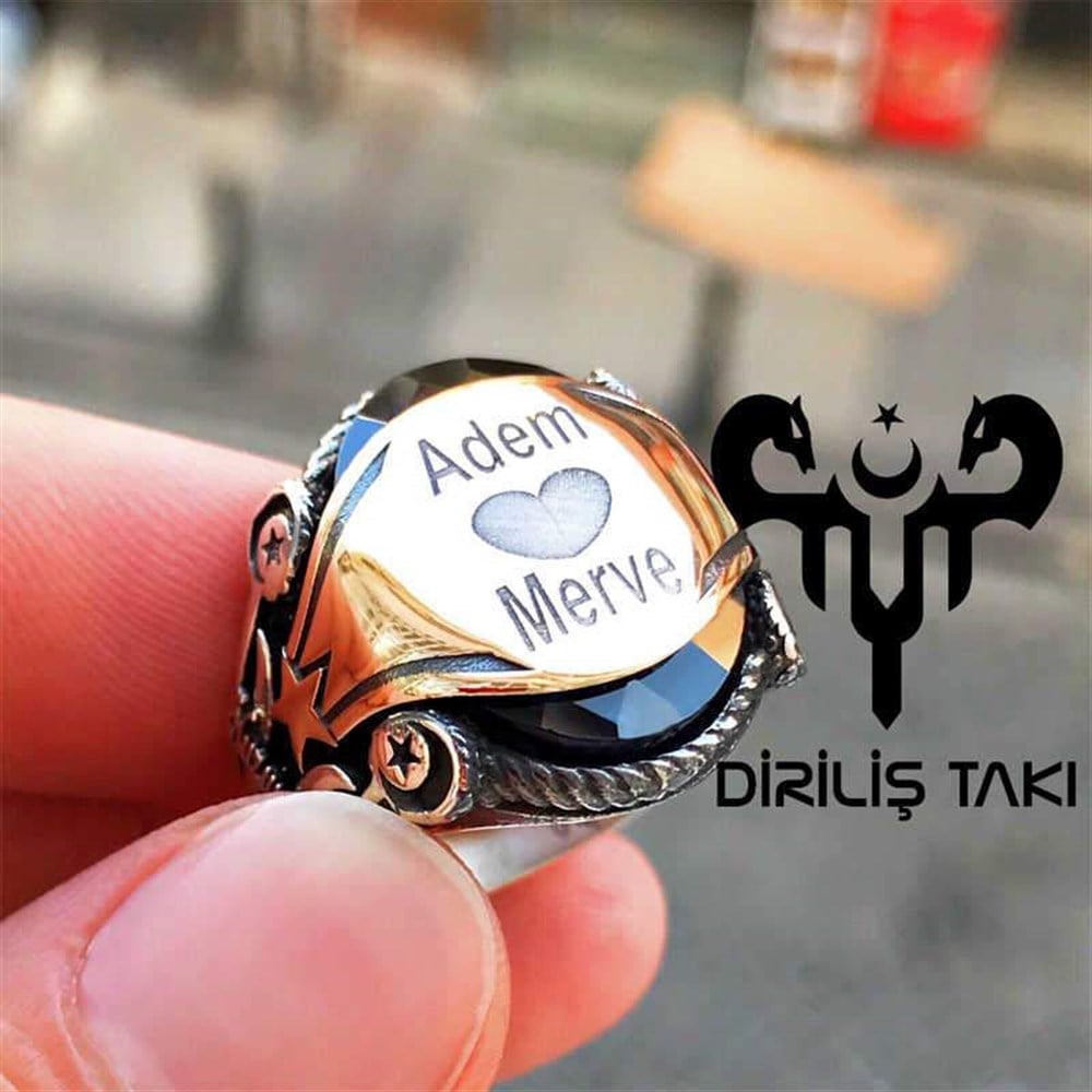 Ay Yıldız Zirkon Taşlı Kişiye Özel Gümüş Erkek Yüzük