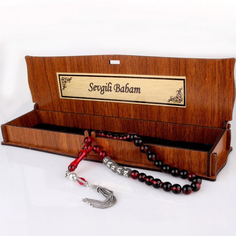 Babam Yazılı Kırmızı & Siyah Ateş Kehribar TesbihAteş Kehribar Tesbih