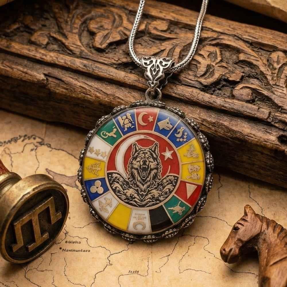 Bozkurt 16 Türk Devleti İşlemeli Gümüş Kolye16 Türk Devleti Kolye