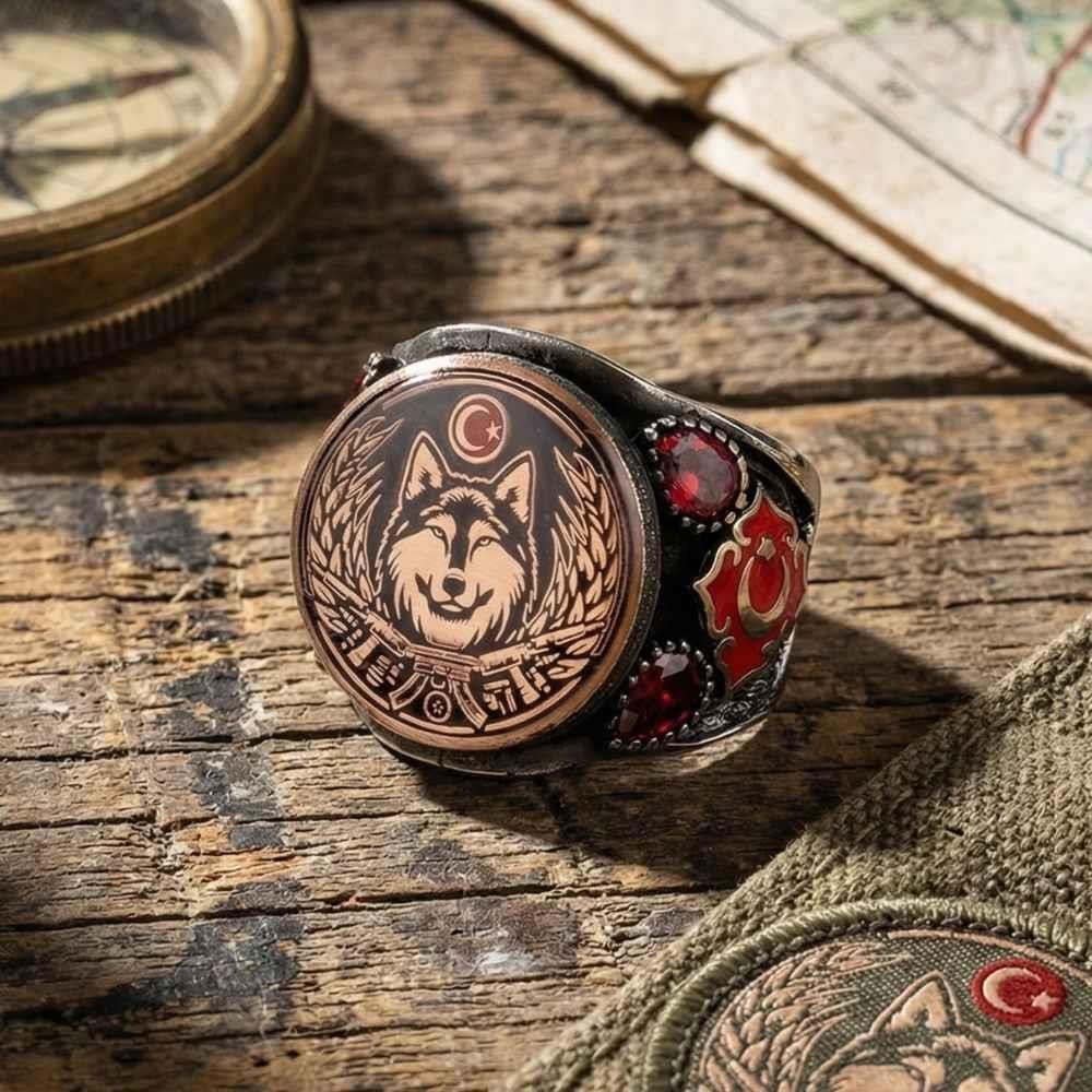Bozkurt Türk Bayrağı İşlemeli Gümüş YüzükBozkurt Yüzükleri