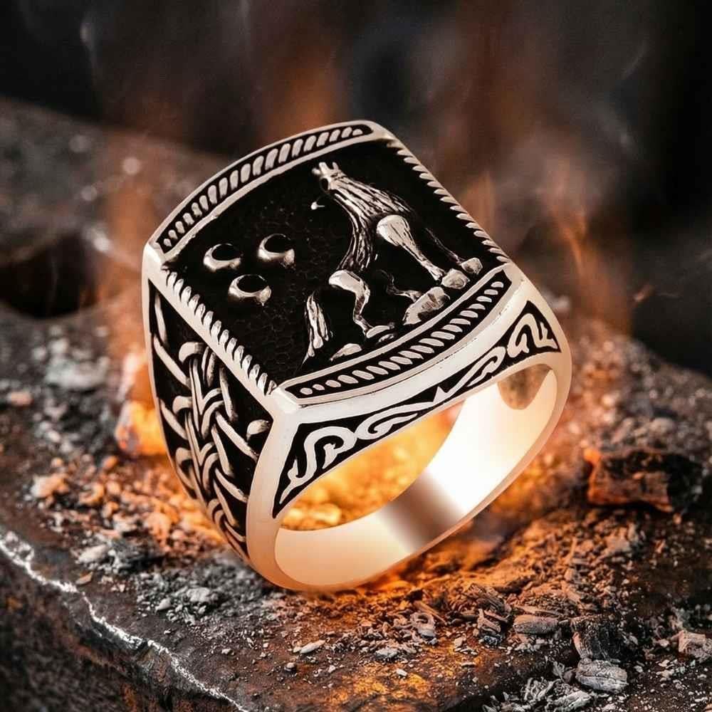Bozkurt ve Üç Hilal İşlemeli Gümüş YüzükBozkurt Yüzükleri