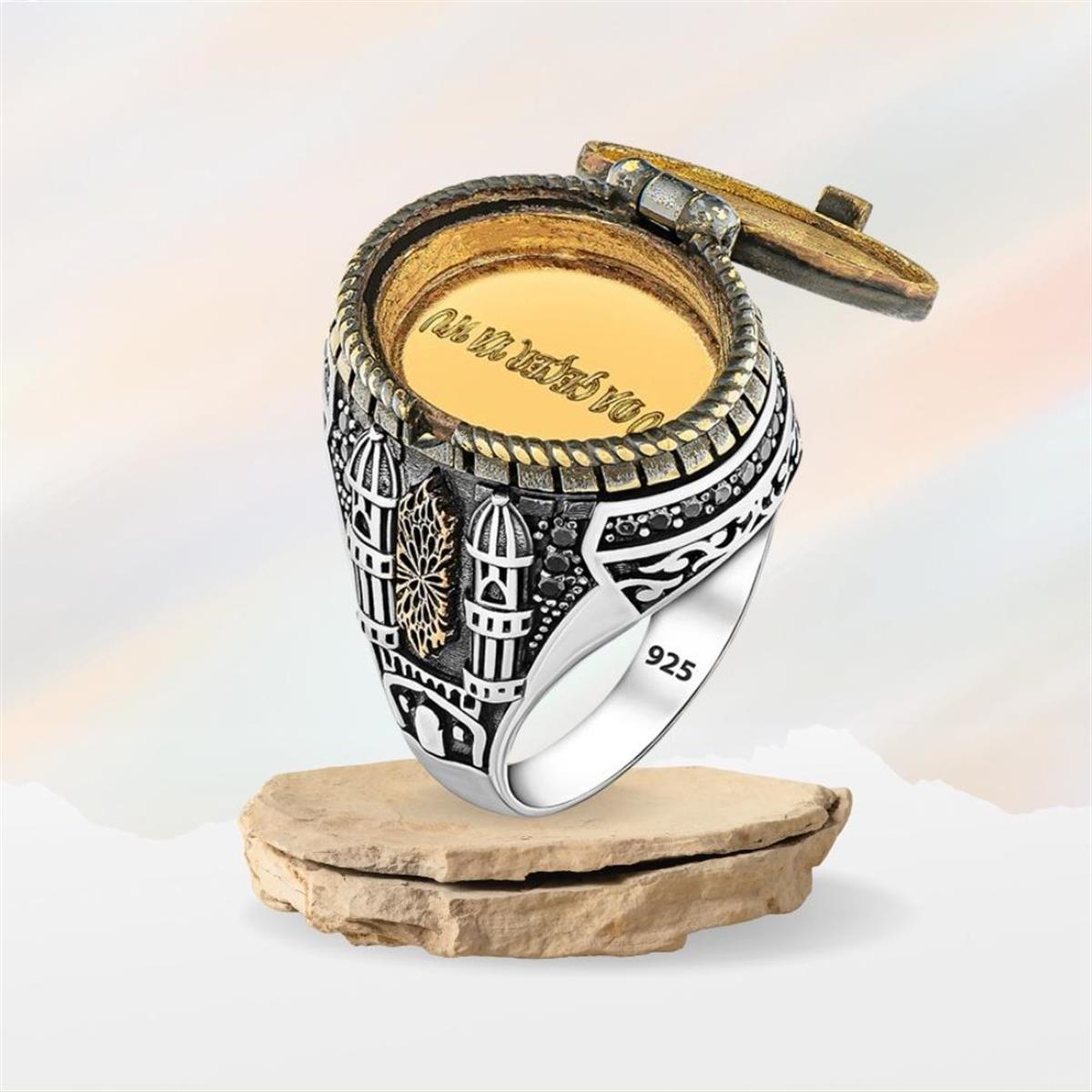 Cami Motifli Kapaklı Kişiye Özel Gümüş Yüzük