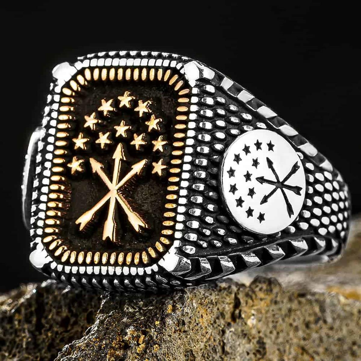 Çerkes Bayrağı Gold Motifli Gümüş Yüzük