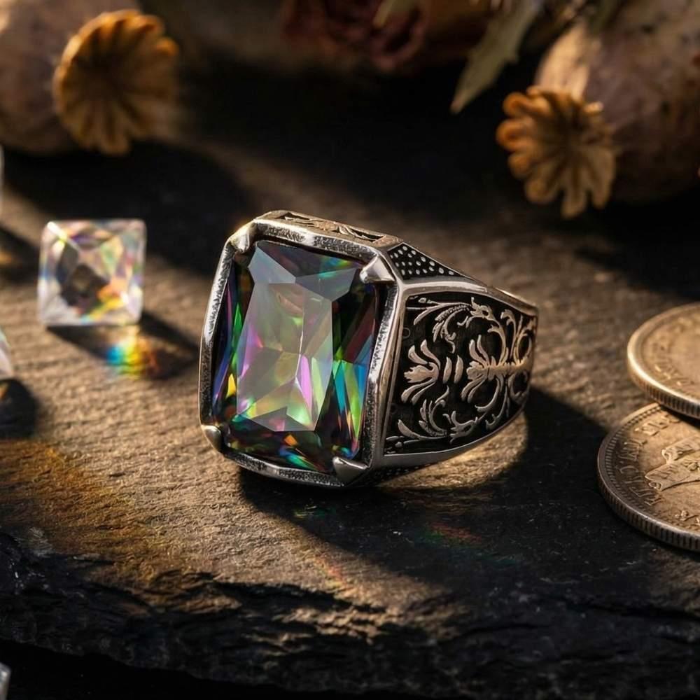 Çiçek Desenli Mistik Topaz Taşlı Gümüş Erkek YüzükMistik Topaz Taşlı Yüzükler
