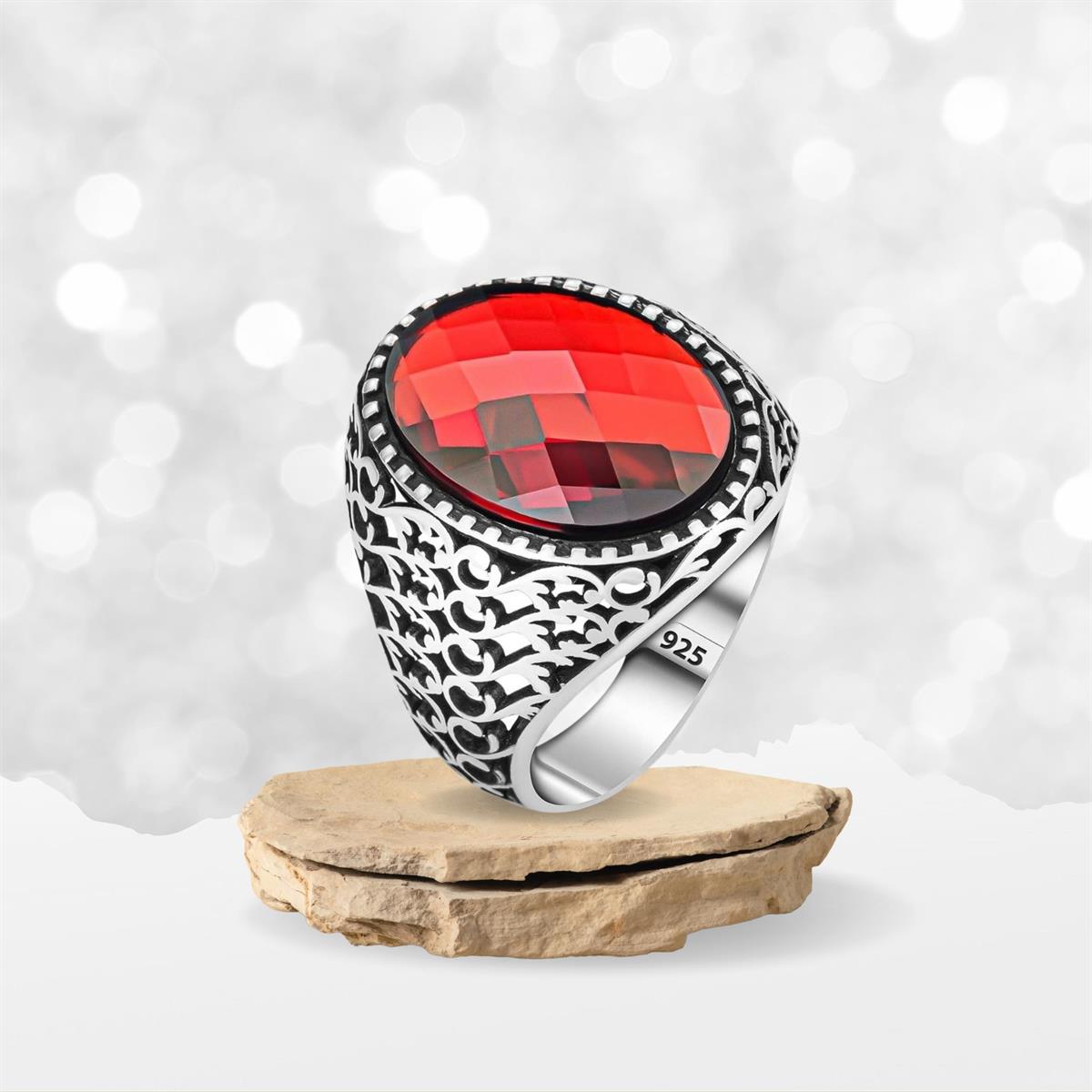 Çiçek Motif Kırmızı Zirkon Taşlı Gümüş Yüzük