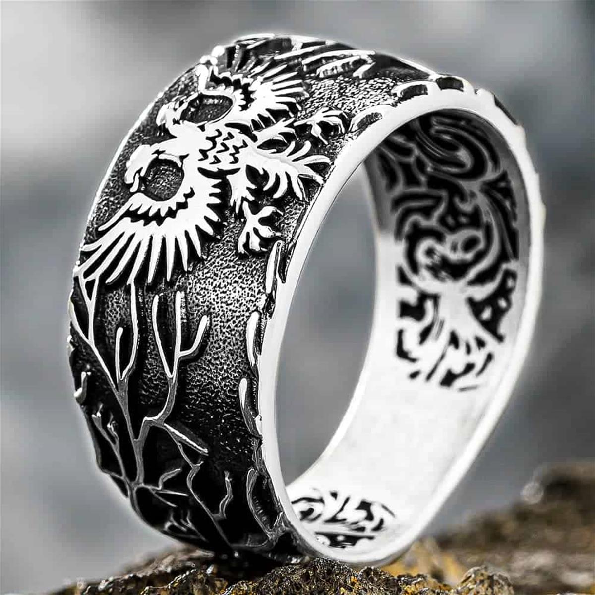 Çift Başlı Kartal Kenarları Motifli Gümüş Yüzük