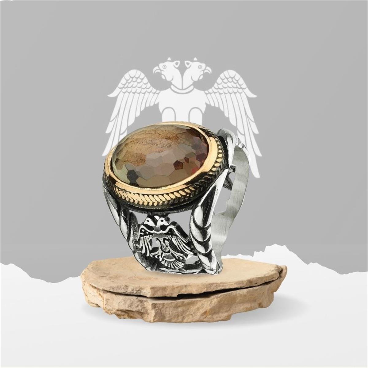 Çift Başlı Kartal Osmanlı Tuğralı Zultanit Taşlı Gümüş Yüzük