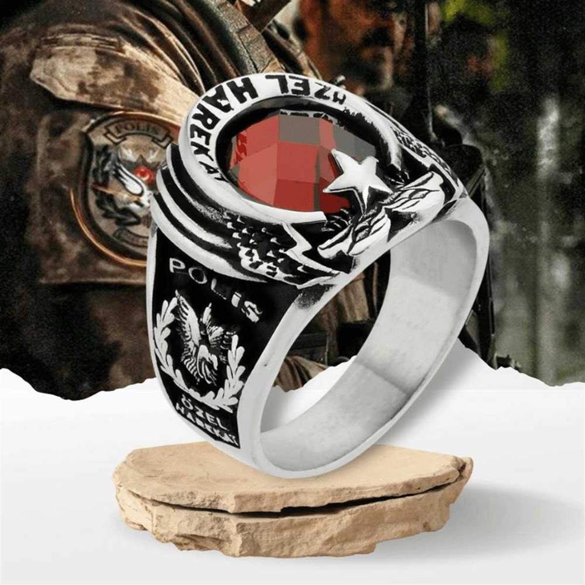 Çift Başlı Kartal Ve Ay Yıldız Motifli Pöh Model Taşlı Gümüş Erkek Yüzük