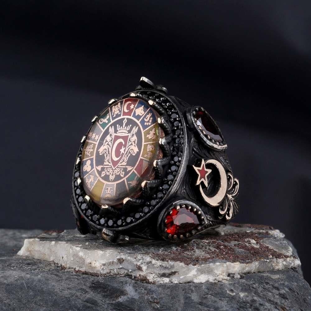 Çift Bozkurt 16 Türk Devleti İşlemeli Gümüş Yüzük16 Türk Devleti Yüzük