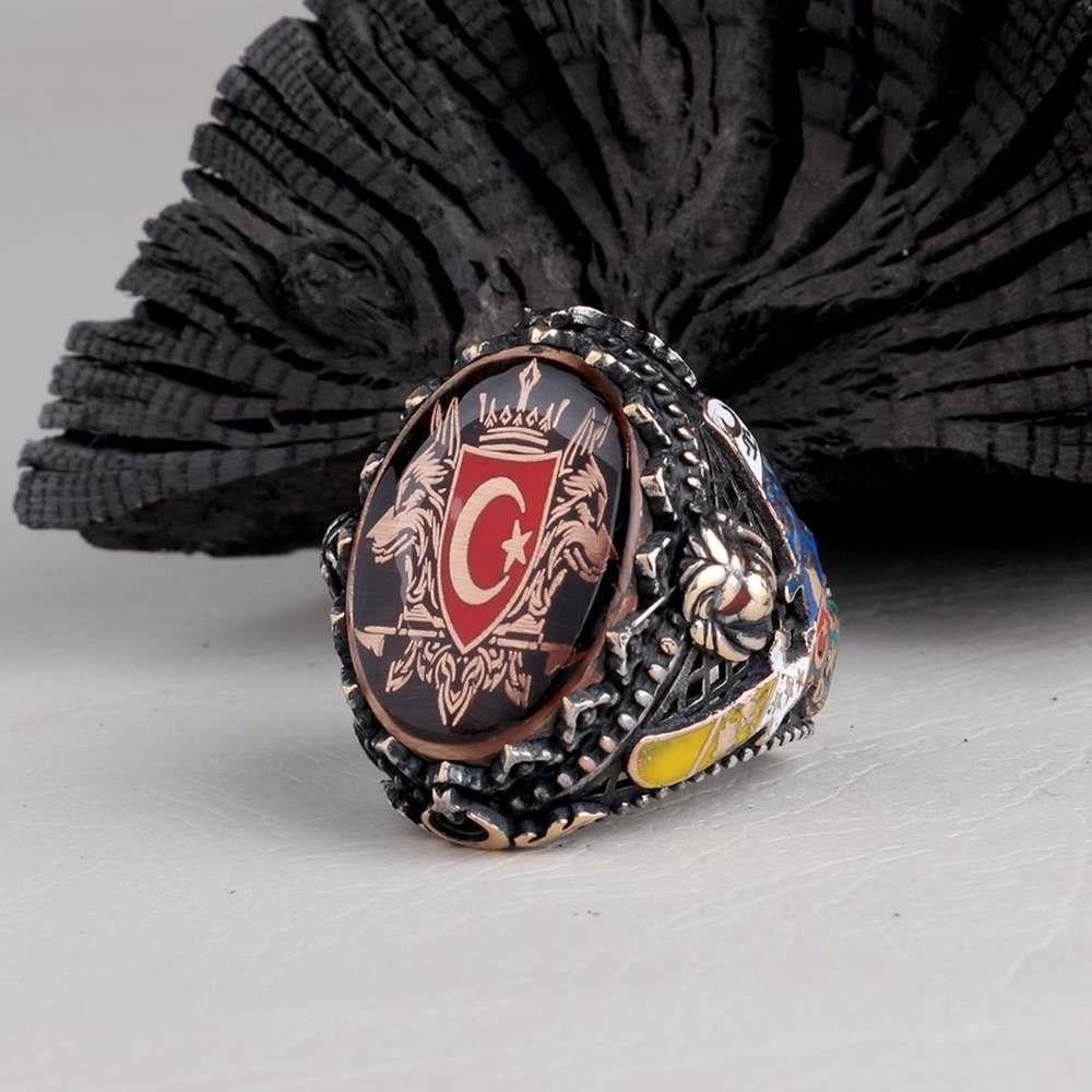 Çift Bozkurt Türk Bayrağı İşlemeli Gümüş YüzükBozkurt Yüzükleri