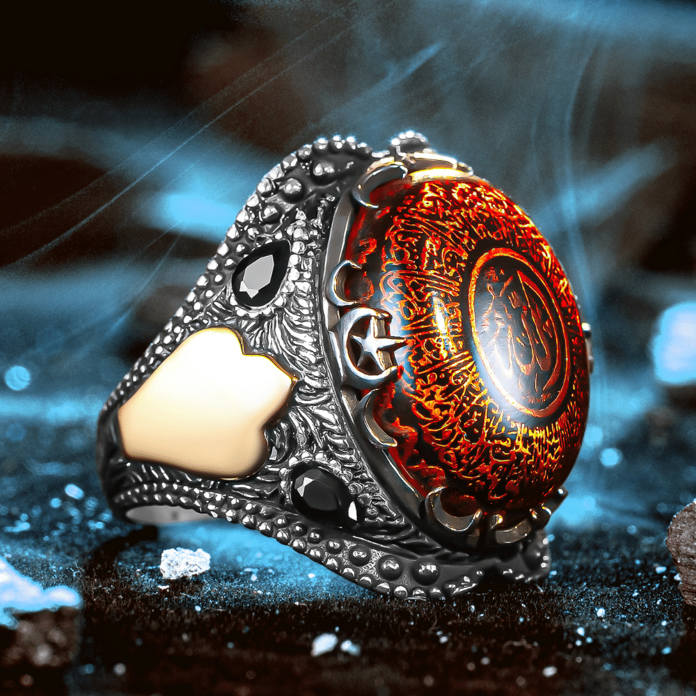 Damla Motifli Kehribar Taşlı Ayetel Kürsi Gümüş Yüzük