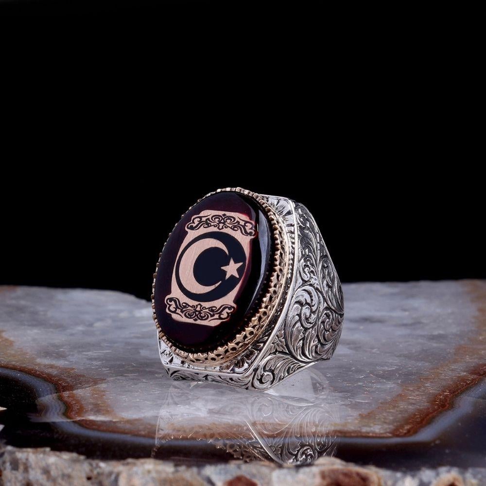 Dikdörtgen Kasa Kalem İşlemeli Ay Yıldız Gümüş Yüzük