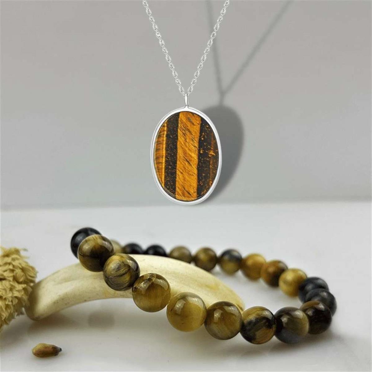 Doğal Kaplan Gözü Taşı Kolye ve Bileklik Kombini