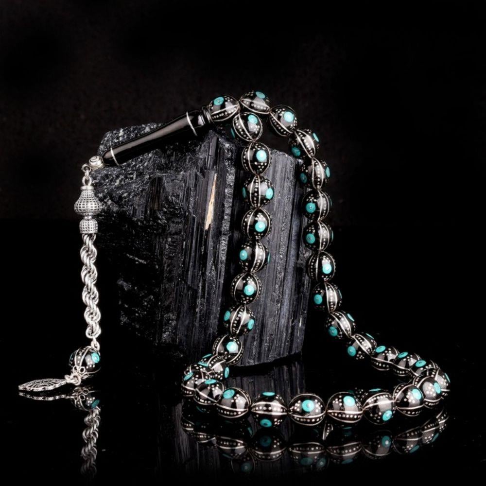 Erzurum Oltu Taşı Üzerine Firuze İşleme Gümüş Püsküllü Tesbih