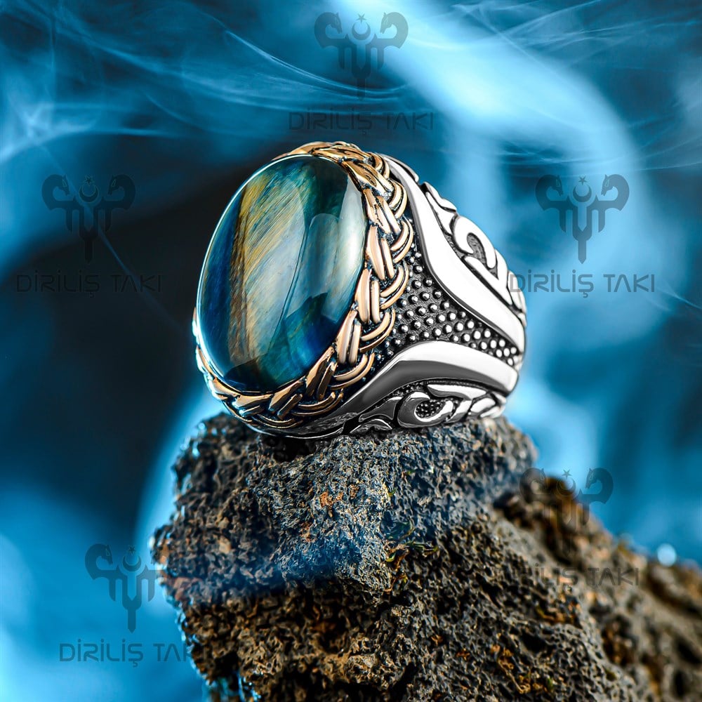 Gold Örgü Motifli Mavi Kaplan Gözü Taşlı Gümüş Yüzük