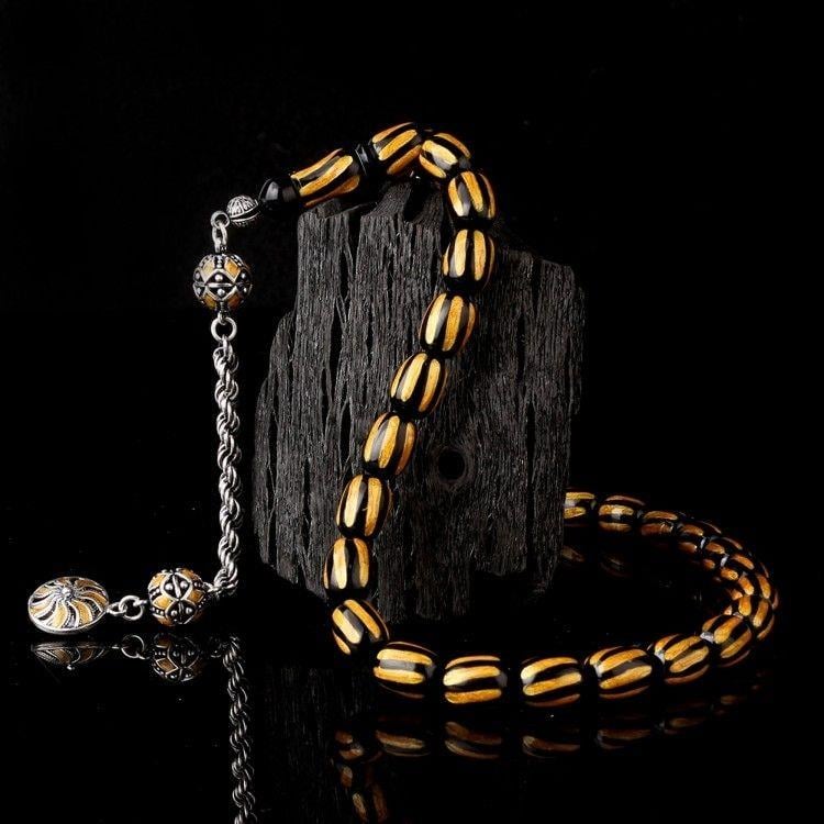 Gümüş Mineli Püsküllü Siyah Sarı Renk Ateş Kehribar TesbihAteş Kehribar Tesbih