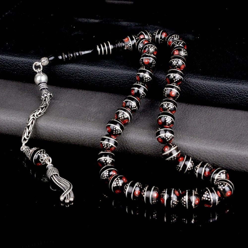 Gümüş Püskül Mercan İşlemeli Erzurum Oltu Taşı Tesbih