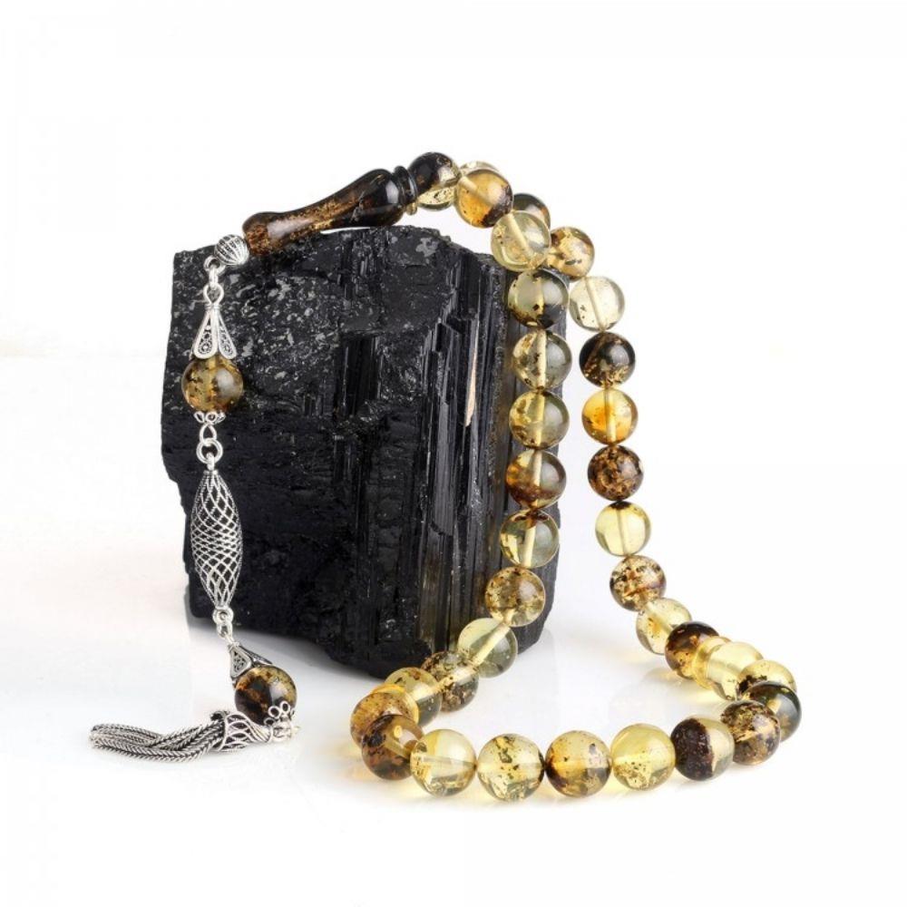 Gümüş Püsküllü 10 mm Fosilli Damla Kehribar Tesbih