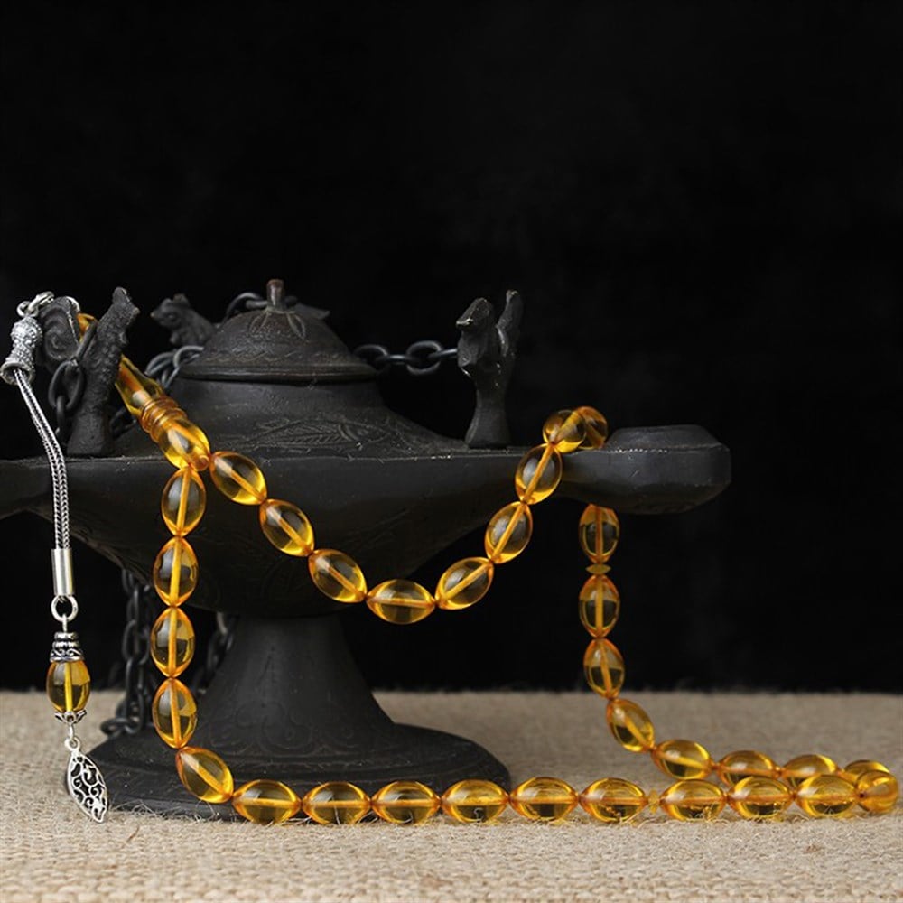 Gümüş Püsküllü Bal Rengi Sıkma Kehribar Tesbih