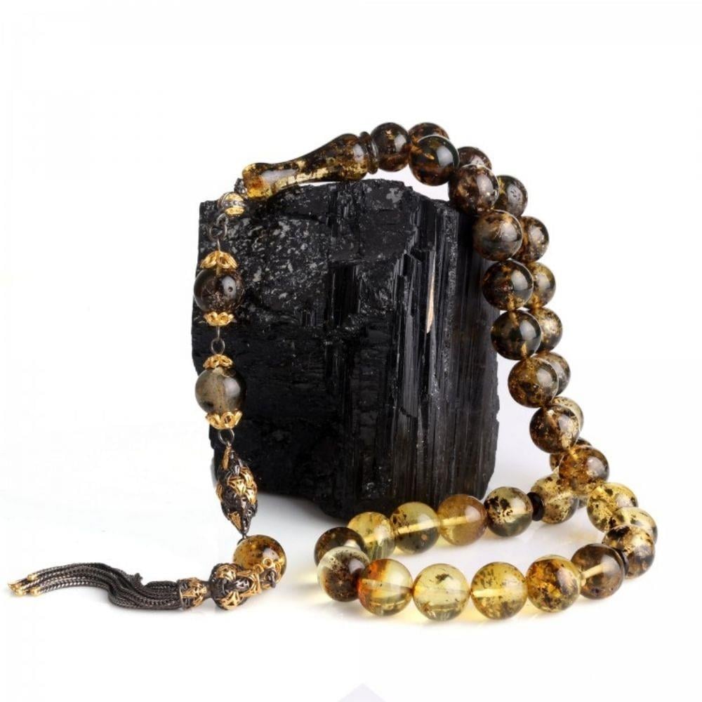 Gümüş Püsküllü Çift Renk 11 mm Fosilli Damla Kehribar Tesbih