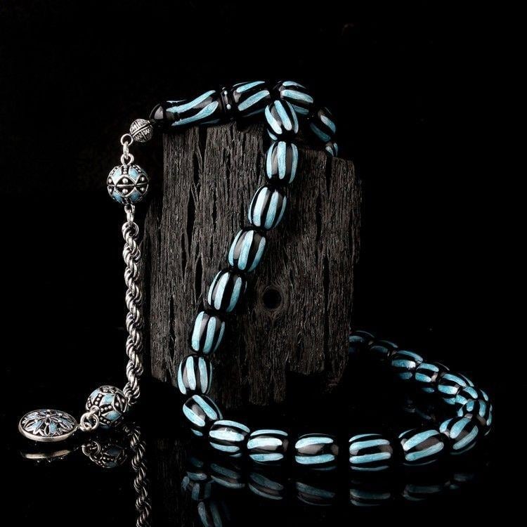 Gümüş Püsküllü Mineli Siyah Turkuaz Renk Ateş Kehribar TesbihAteş Kehribar Tesbih