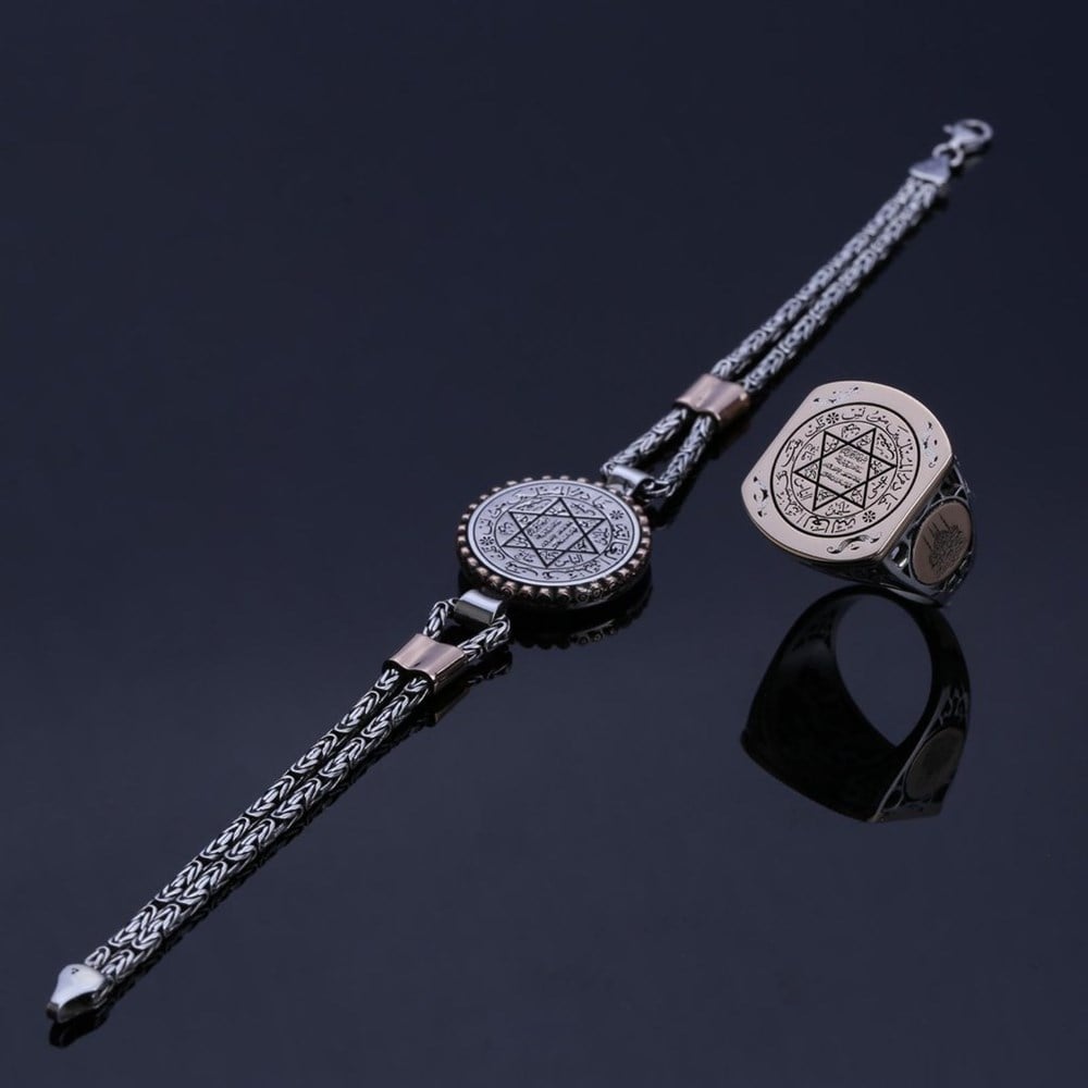 Hz Süleyman Mührü İşlemeli Gümüş Yüzük ve Bileklik Kombin