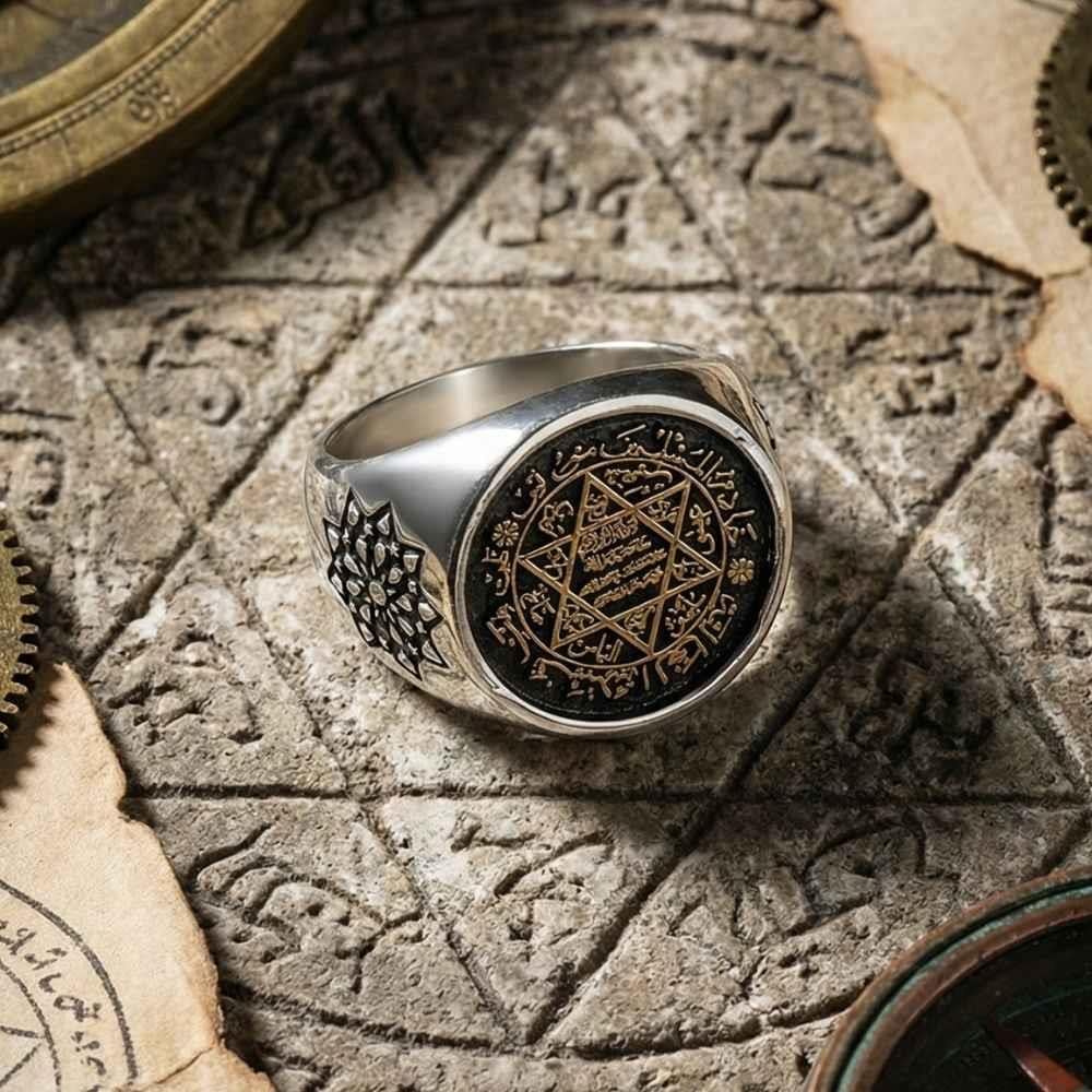 Hz Süleyman Mührü İşlemeli Selçuklu Motifli Gümüş YüzükSüleyman Mührü Yüzükler
