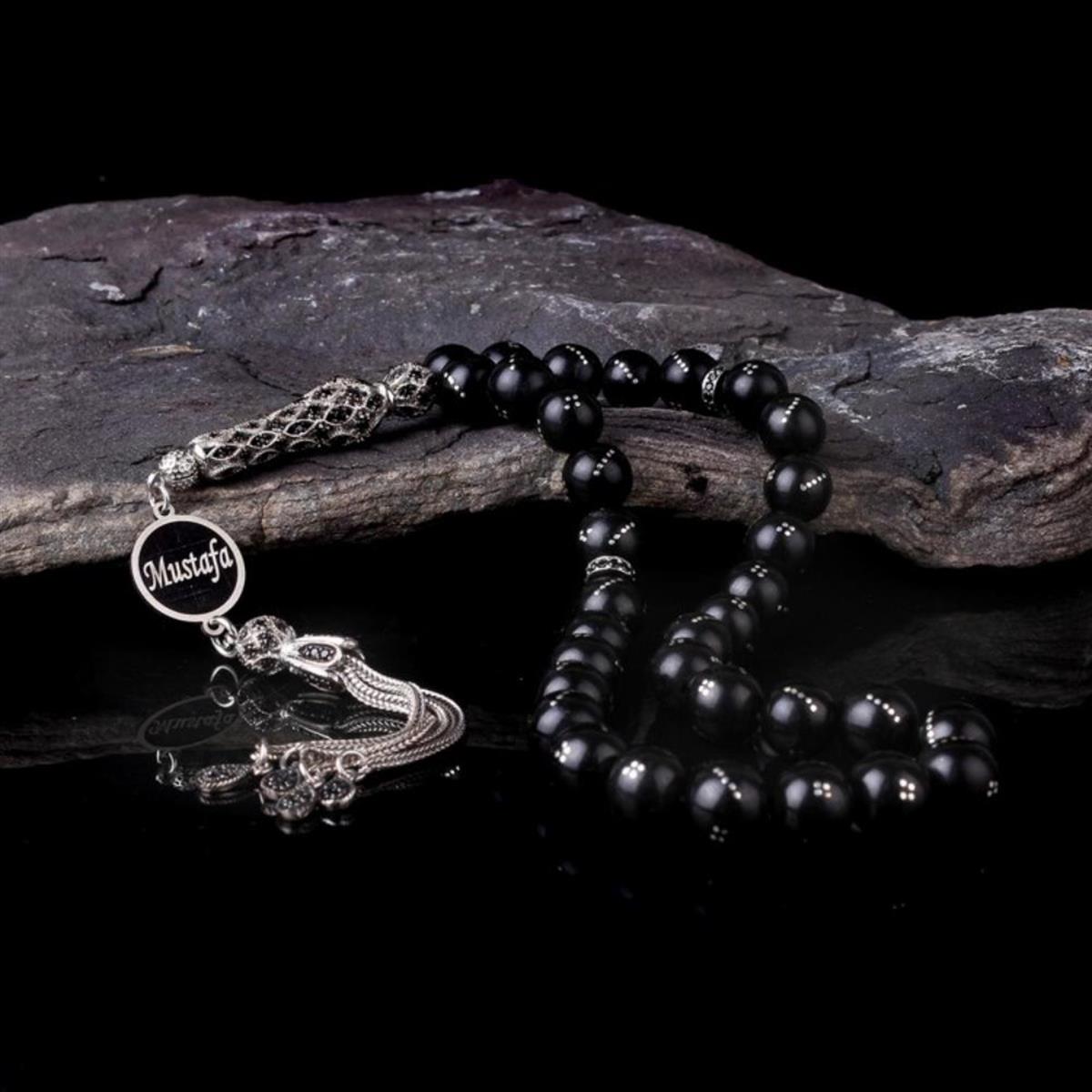 İsim Yazılı Gümüş Püsküllü Gürcistan Oltu Taşı Tesbih