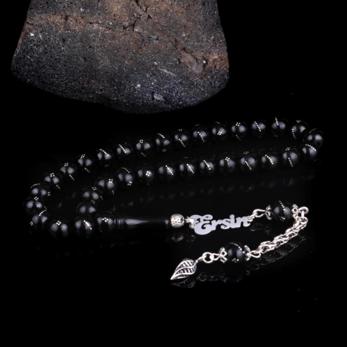 İsimli Özel Tasarım Gümüş Püskül Gürcistan Oltu Taşı Tesbih