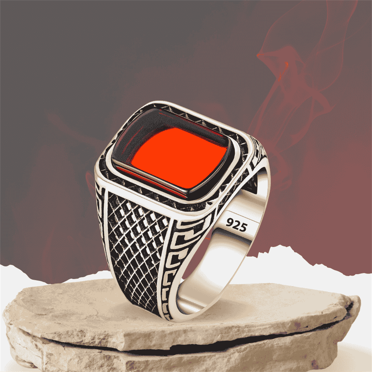 Kafes Model Lal Taşlı Gümüş Yüzük