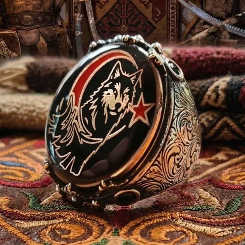 Kalem İşlemeli Bozkurt Ay Yıldız Gümüş YüzükAy Yıldız Yüzükler