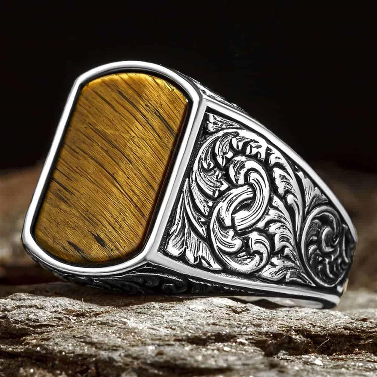 Kalem İşlemeli Kaplan Gözü Taşlı Gümüş Yüzük