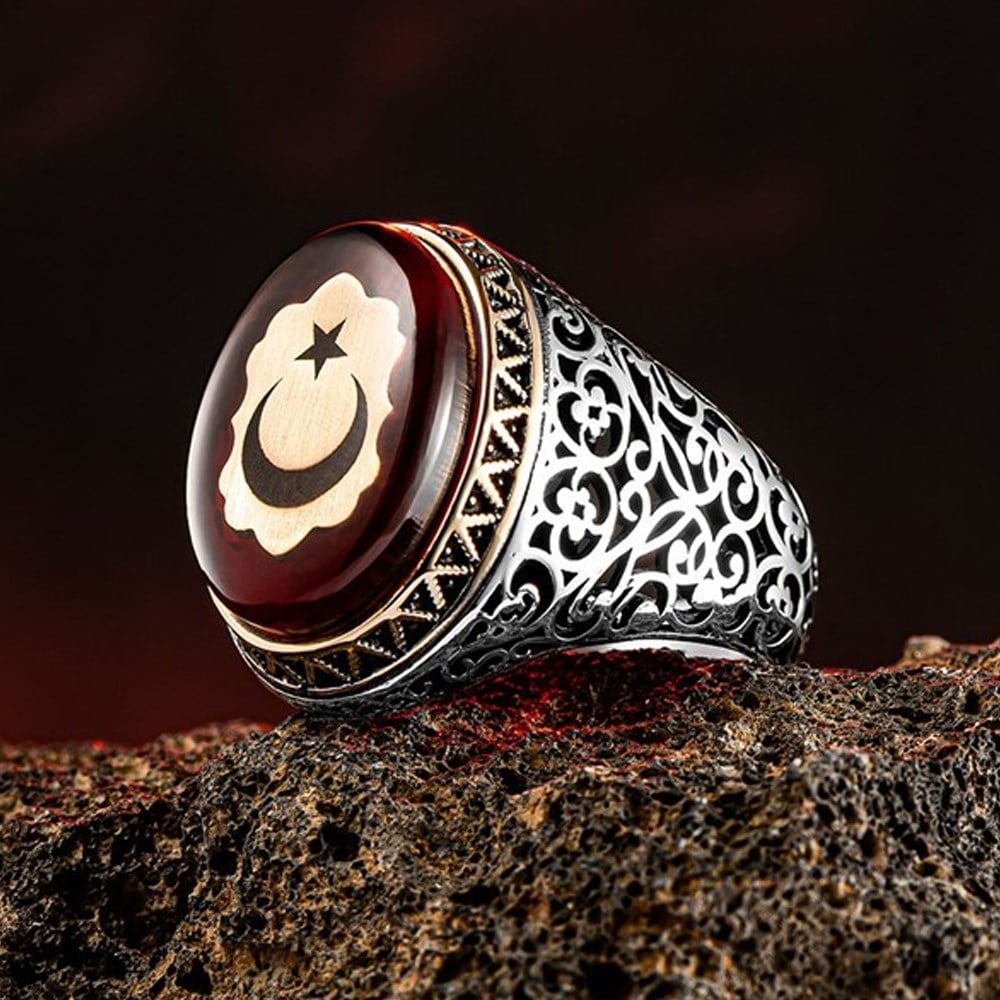 Kehribar Taş Üzeri Ay Yıldız Gümüş Erkek Yüzük