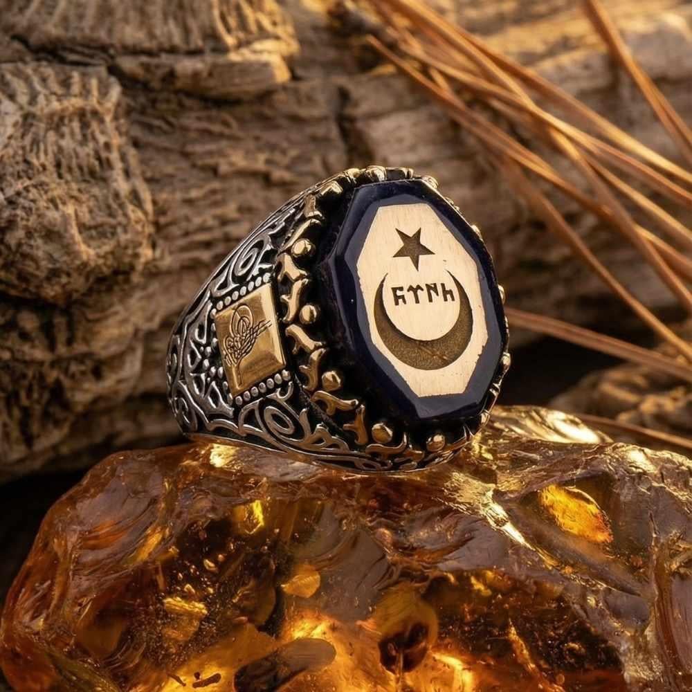 Kehribar Taşlı Ay Yıldız İçerisi Göktürkçe Türk Yazılı Gümüş YüzükAy Yıldız Yüzükler