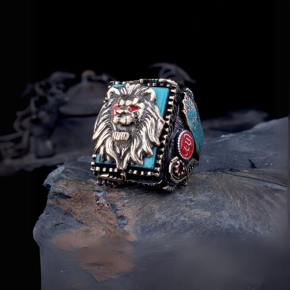 Kelime-i Tevhid İşlemeli Aslan Gümüş YüzükAslan Yüzük