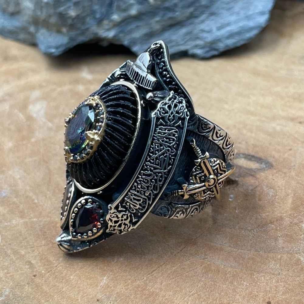 Kelime-i Tevhid İşlemeli Mistik Topaz Gümüş Zihgir YüzükMistik Topaz Taşlı Yüzükler