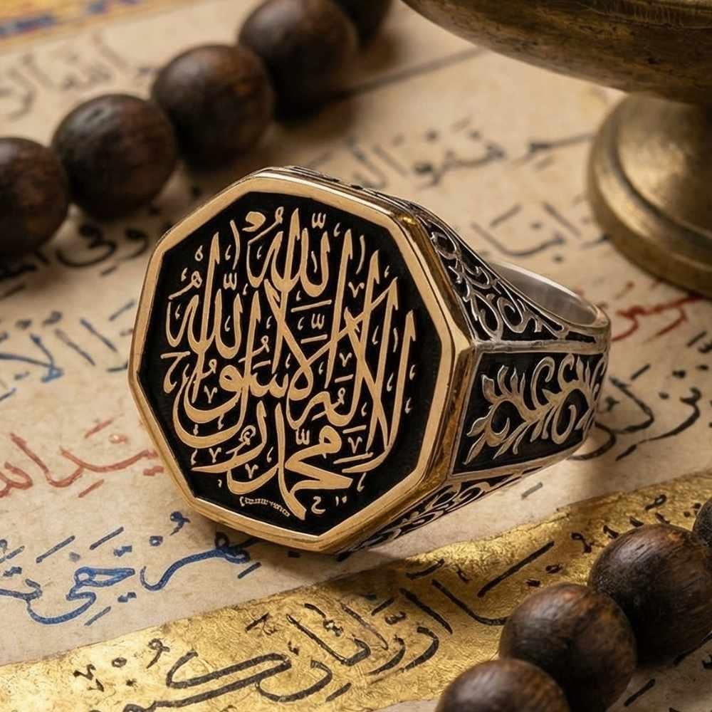 Kelime-i Tevhid İşlemeli Selçuklu Motif Erkek Gümüş YüzükKelime-i Tevhid Yüzük