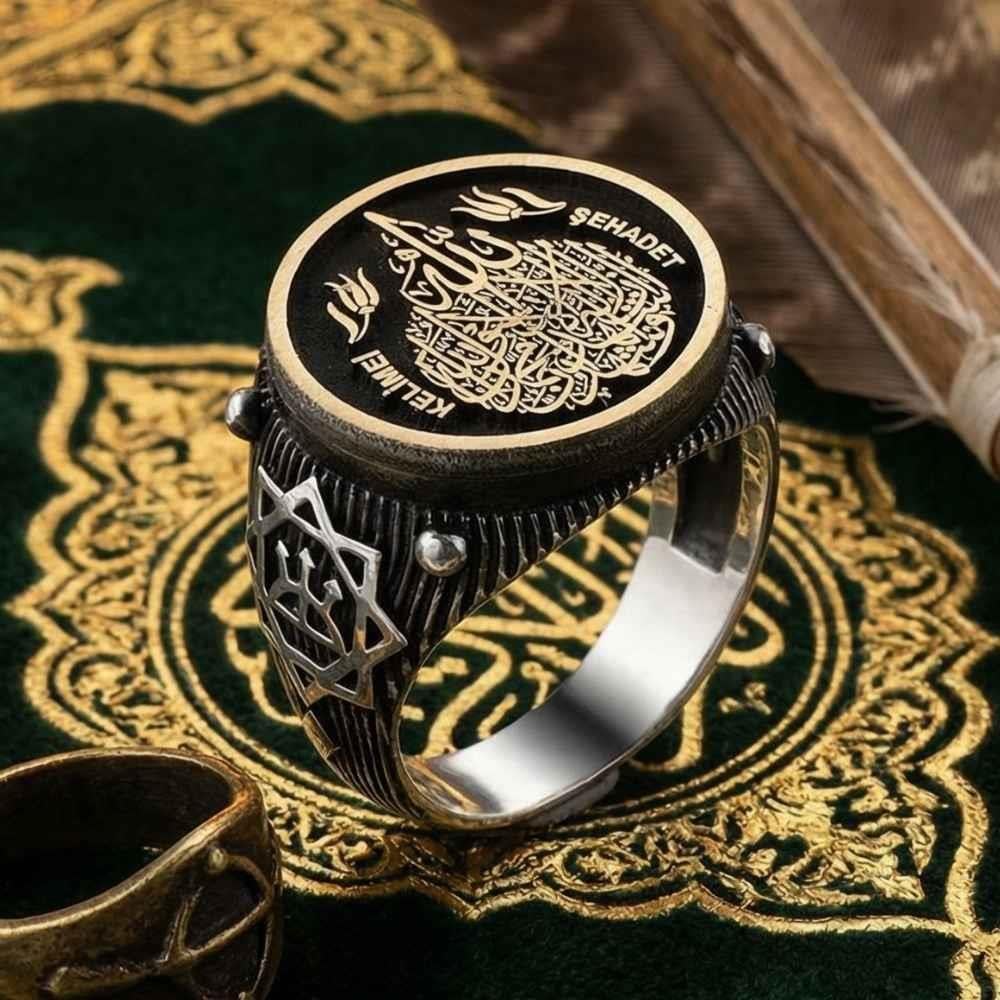 Kelimei Şehadet Motifli Üç Ok Gümüş Yüzükİslami Yüzükler